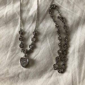 Silver and Crystal Heart Necklace and Bracelet Set